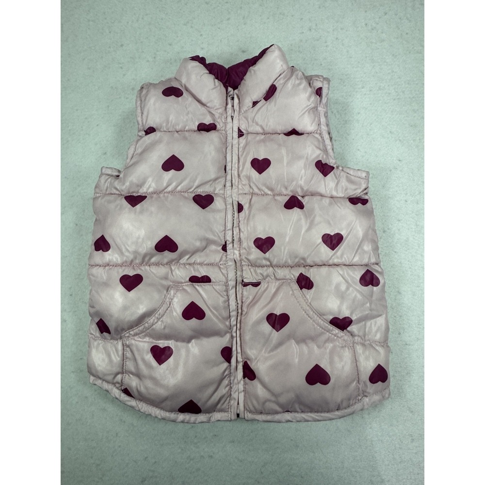 Old Navy Puffer Vest Jacket Kids 5T Pink Allover Heart Print Relaxed Full‎ Zip